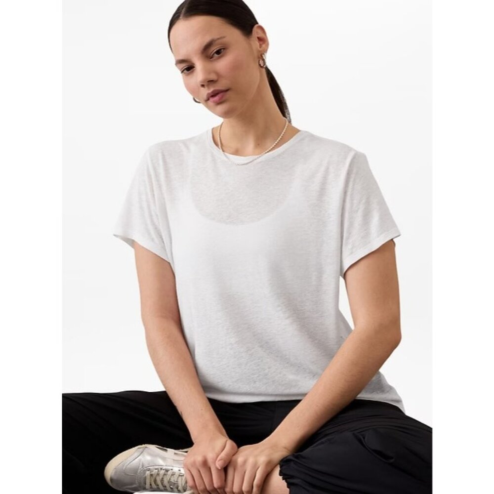 Athleta M Getaway Blended Linen Tee Bright White Medium